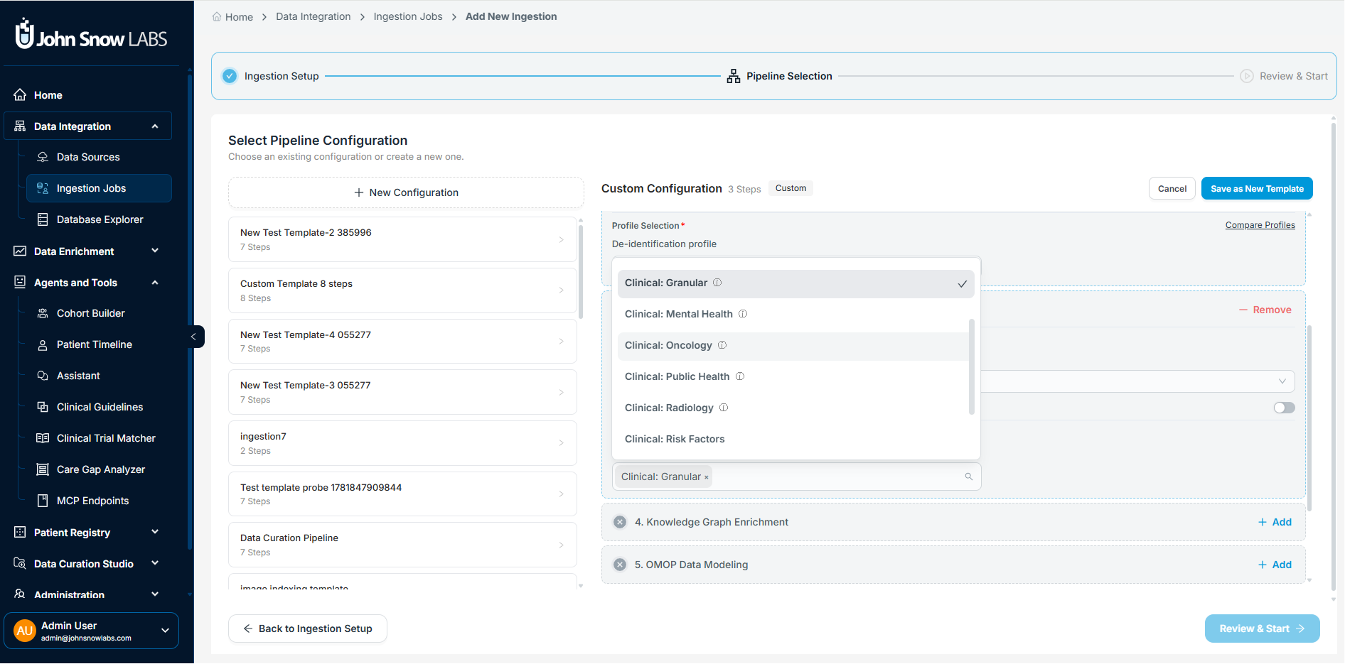 Pipeline configuration screen showing available steps: de-identification, NLP enrichment, terminology normalization, and OMOP modeling